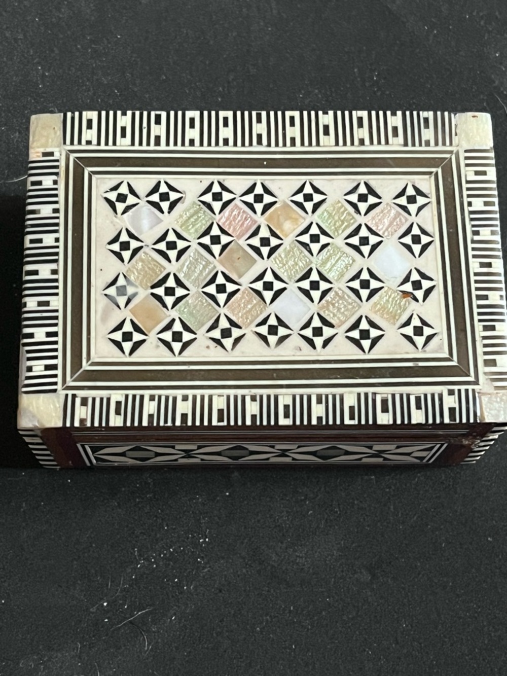 Vintage Egyptian Mother of Pearl Micro Mosaic Jewelry Box Intricate mop Inlay
